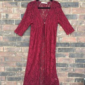 Red lace with roses and leaf pattern cover up duster one. button up 3/4 sleeve
